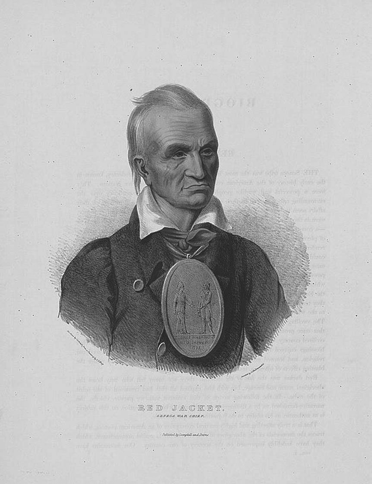 This illustration is a portrait of Red Jacket dressed as a refined gentleman. Red Jacket was a Native American who was also a respected middleman between Native Americans and U.S. officials. In the portrait Red Jacket wears a large medallion around his neck, which was given to him by George Washington. The medallion depicts a Native American and Colonial American having a conversation.