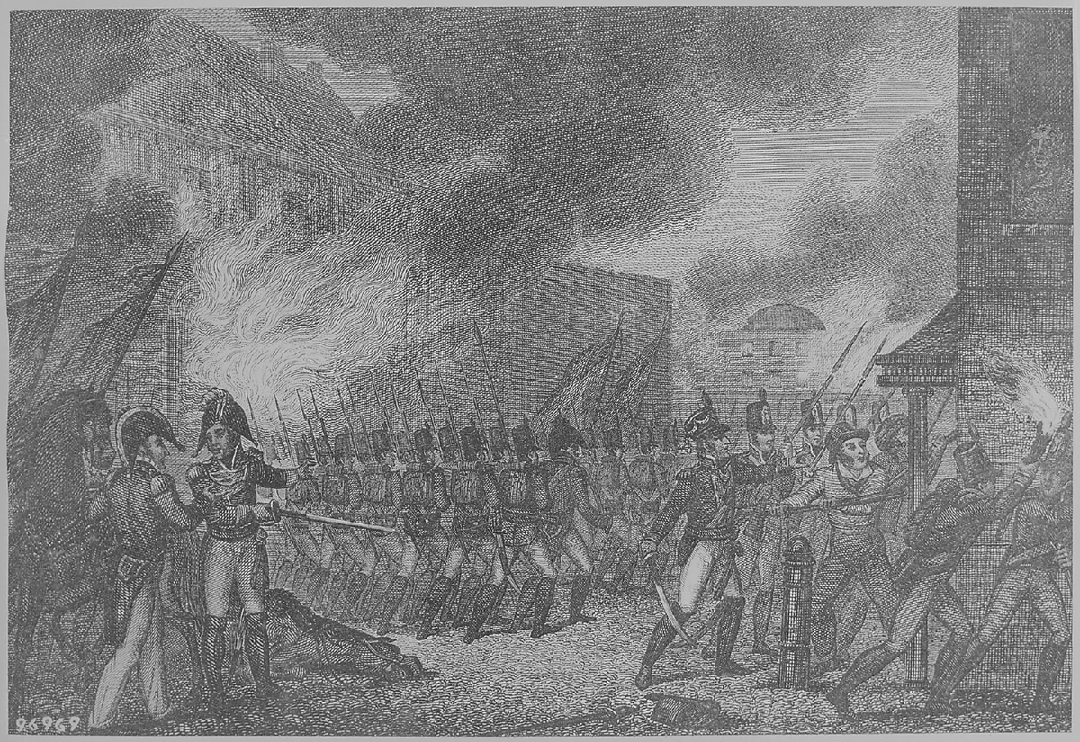 This etching shows Washington, DC, engulfed in flames as the British troops set fire to the city in 1813.
