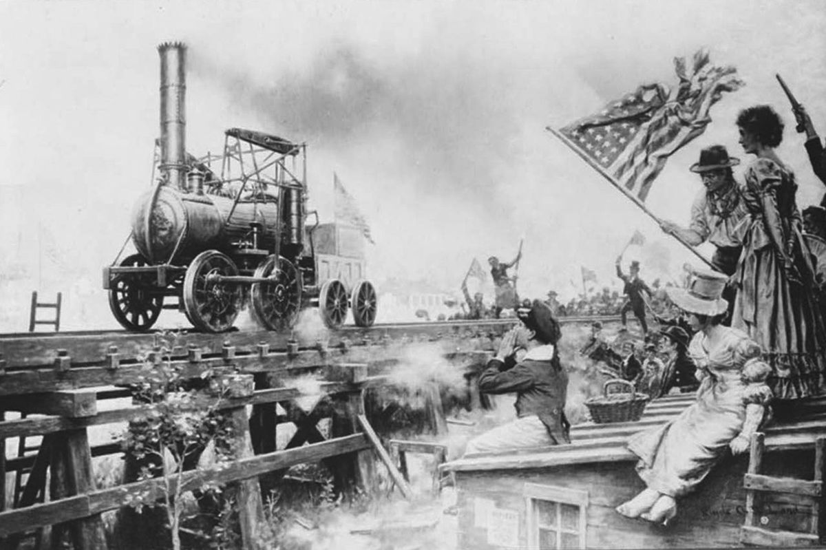In this 1916 artwork a crowd at right cheers on a locomotive as it appears to be passing by on a set of train tracks heading left. People in the crowd are cheering and waving American flags and sitting on rooftops to get a look at the locomotive. Presumably, according to the title, this is a depiction of the â€œfirst locomotiveâ€ in the United States.