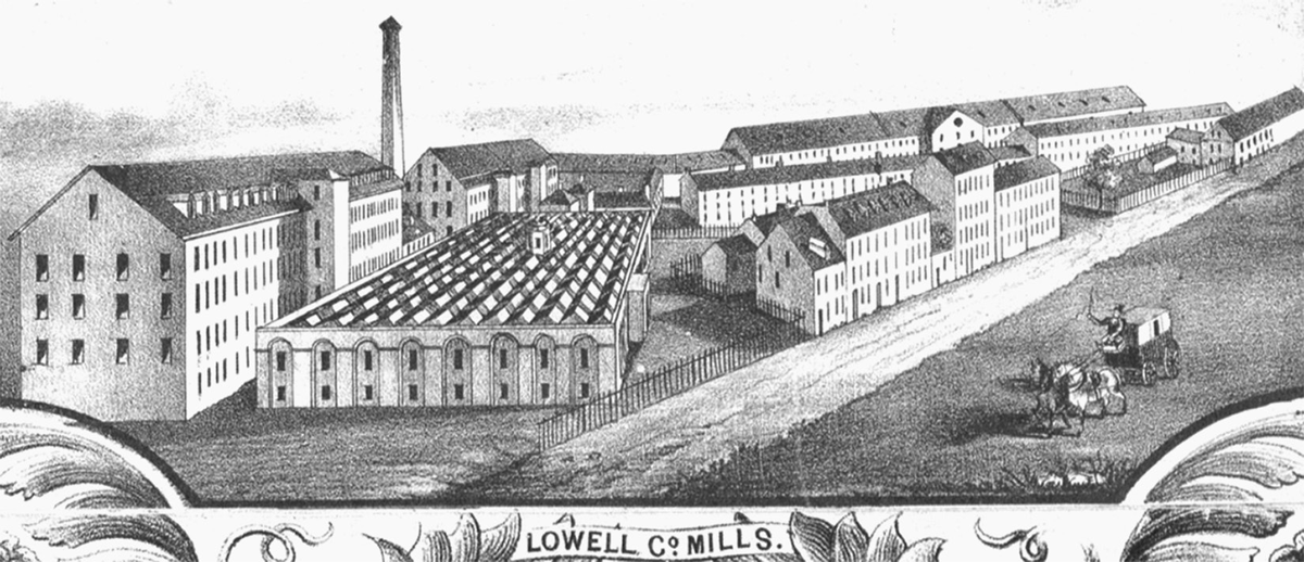 This is a black and white illustration of the plans for the factory town of Lowell, Massachusetts. It is a large fenced-in lot with several apartment-style looking living quarters surrounding factory buildings. In the background is a lighthouse.