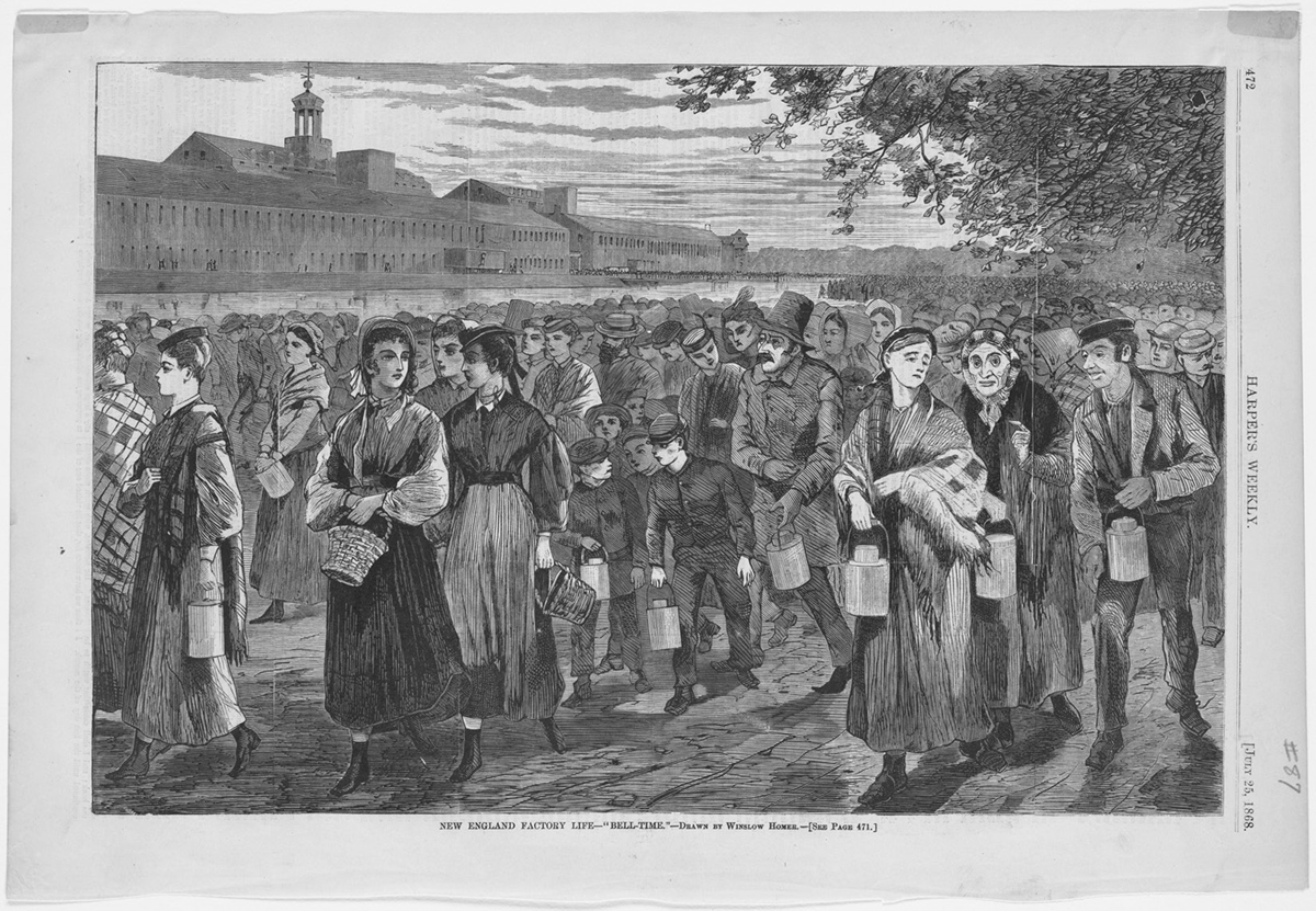 This engraving depicts a large crowd of factory workersâ€”men, women, and childrenâ€”in New England, in working-class attire, many holding buckets, pails, and baskets, walking down a city street with a large factory in the background. The massive crowd of people is presumed to be either walking to or from work at the factory.