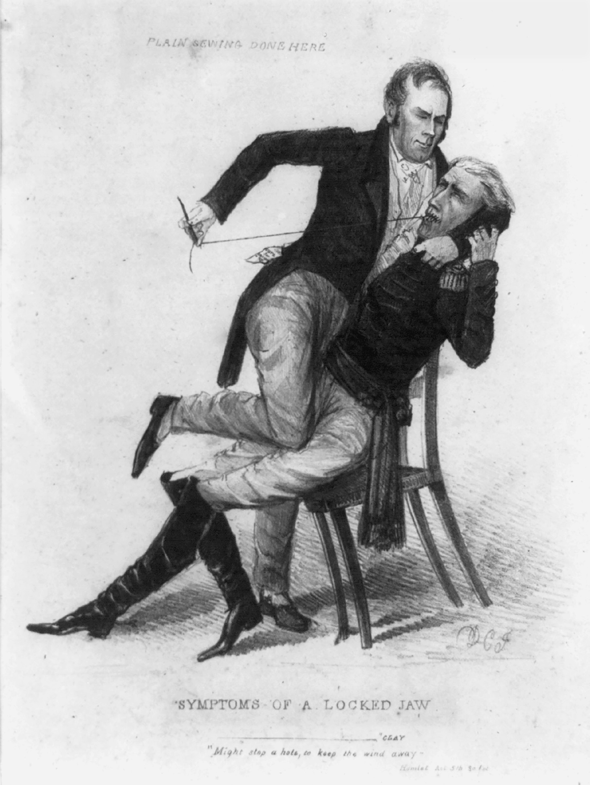 This 1834 political cartoon depicts Henry Clay restraining a seated, uniformed Andrew Jackson and sewing up his mouth shut. At the top of the artwork, above Clayâ€™s head, there is text that reads, â€œplain sewing done here.â€ At the bottom of the artwork is the title of the pieceâ€”Symptoms of a Locked Jawâ€”and underneath that is a quote from Shakespeareâ€™s Hamlet that reads, â€œMight stop a hole, or keep the wind away.â€