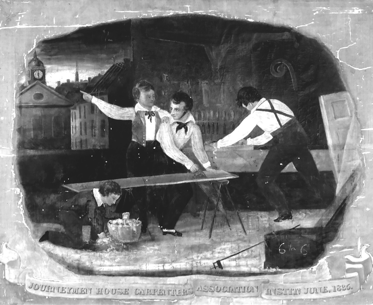 An 1835 banner depicts a carpenter pointing to a clock tower, informing his colleagues that it is time for them to quit work for the day. He has his hand on another carpenterâ€™s shoulder, who is sawing through a plank of wood, in the center of the artwork. In the foreground another carpenter picks up wood shavings off the ground, placing them in a basket. In the background, another carpenter continues to work on a piece of wood, facing away from his fellow carpenters in the center of the scene. Several carpentry tools hang on the wall in the background of the scene.