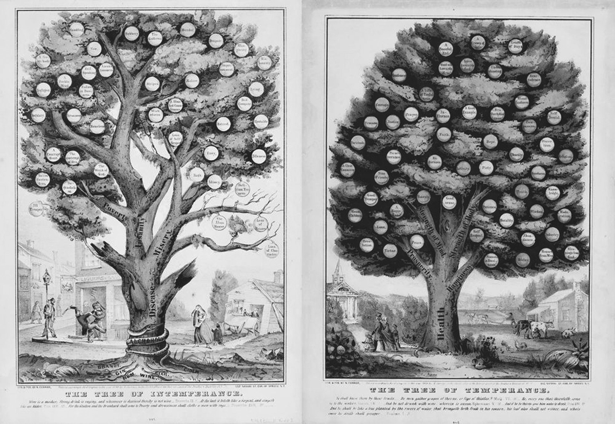 This 1849 illustration by N. Currier, The Tree of Temperance and The Tree of Intemperance, has two contrasting allegorical images, one labeled the â€œTree of Intemperanceâ€ depicting a scene of the negative aspects of a drunkard society, and the other labeled the â€œTree of Temperanceâ€ depicting a fruitful society that comes from no alcohol consumption. In the Tree of Intemperance, a dead, decaying, tree producing bad fruit takes up the middle of the artwork. The words â€œpoverty,â€ â€œinsanity,â€ â€œmisery,â€ and â€œdiseaseâ€ are carved into the tree. There is a serpent labeled â€œalcoholâ€ coiled around the base of the tree. The roots of the tree are labeled â€œbrandy,â€ â€œgin,â€ â€œrum,â€ â€œwine,â€ â€œbeer,â€ and â€œcider.â€ To the left of the tree is a city street corner where two drunks are fighting each other with sticks while another drunk leans against a lamppost. On the right side of the tree is a rundown house with a family that looks like they are struggling in life. The colors of this first artwork are dark and bleak. In the Tree of Temperance artwork, the tree in the middle of the piece is healthy, with luscious green leaves and brightly colored fruit. The tree is carved with the words â€œhealth,â€ â€œprosperity, â€œstrength of mind,â€ â€œstrength of spirit,â€ and â€œhappiness.â€ To the left of the tree is a family walking to church. To the right of the tree is a beautiful farmhouse with a strong looking man plowing the field which is filled with cattle and other animals. The colors of this second artwork are bright and vibrant.