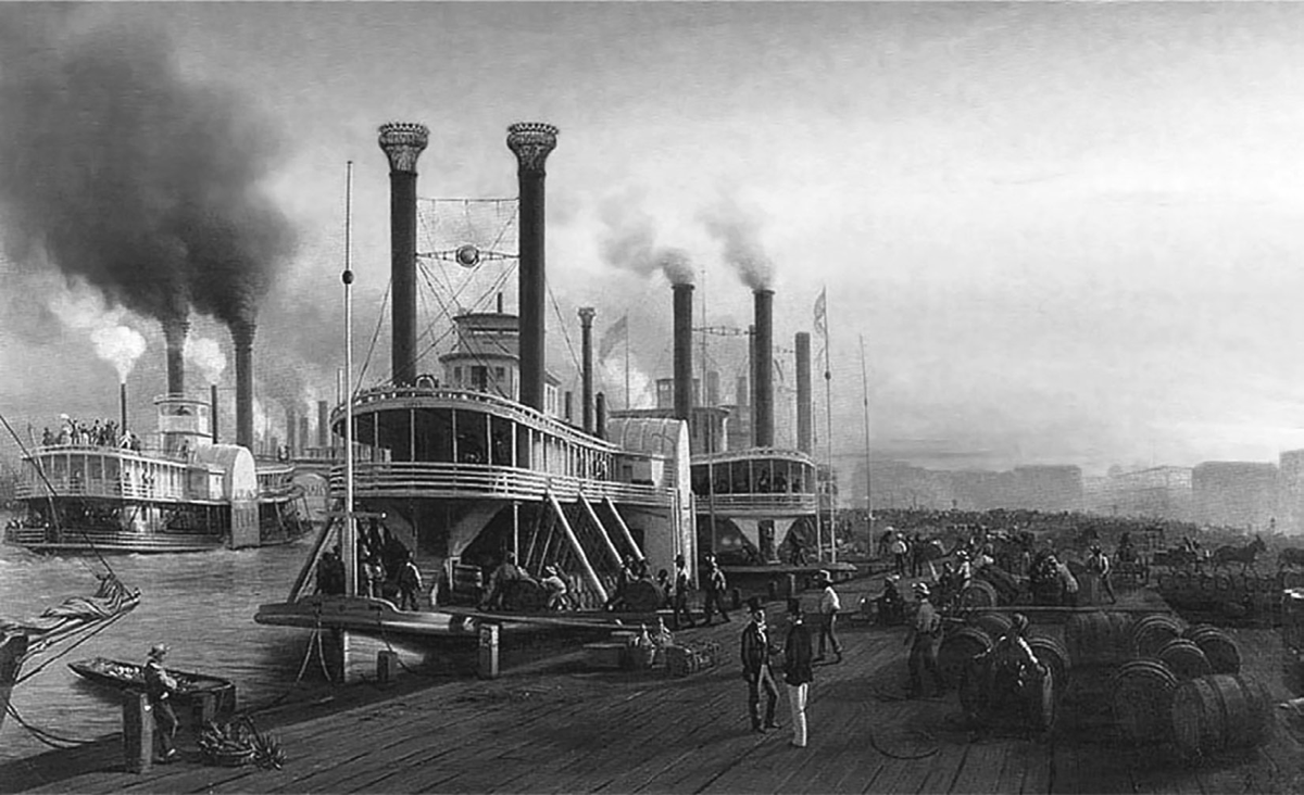 A painting by Hippolyte Sebron, Bateaux Ã  Vapeur GÃ©ant, la Nouvelle-OrlÃ©ans 1853, of a series of steamboats docking in New Orleans. Each of the steamboats has a lively group of passengers lining its decks. On the dock people are busy moving on and off the steamboats and performing tasks. There are a great deal of wooden barrels on the dock.