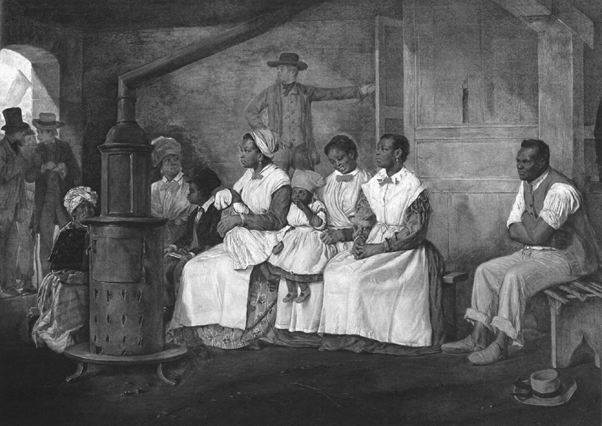 This painting by Eyre Crowe, Slaves Waiting for Sale, Richmond, Virginia, depicts a group of enslaved African Americans â€“women and children, and one adult maleâ€”in a room waiting to be sold. One white man stands in the background, presumably the seller, overlooking the enslaved laborers. At the door way of the room stand three white men looking like they are having a discussion, presumably buyers talking about purchasing enslaved laborers that are in the room. The enslaved African Americans are fully clothed.