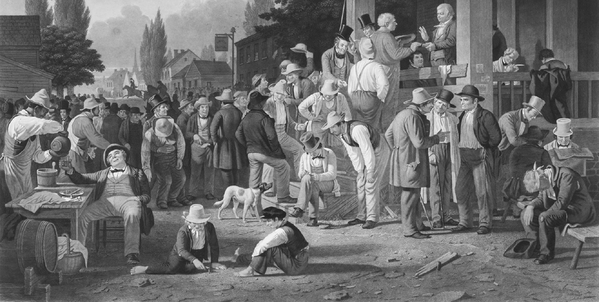 In this 1852 painting by George Caleb Bingham, The County Election, a large group of citizens gathers to place their votes in an election. Campaigning politicians anxiously press their party tickets toward individuals. One of the newest citizens, an Irish immigrant, is taking an oath that he had not voted elsewhere, just as one of the oldest, a Revolutionary War â€œ76-erâ€ veteran, is descending the steps. Merchants in top hats discuss the issues with laborers in shirtsleeves, an example of the rational exchange that sustains democracy. Other individuals present a less responsible and informed perspective. One drunken citizen, unable to stand, is nonetheless dragged to cast a vote. Another sits on a bench to steady his head, his clarity evidently lost in a brawl. Two boys on the ground play mumblety peg, a knife game that progressively increases in risk.