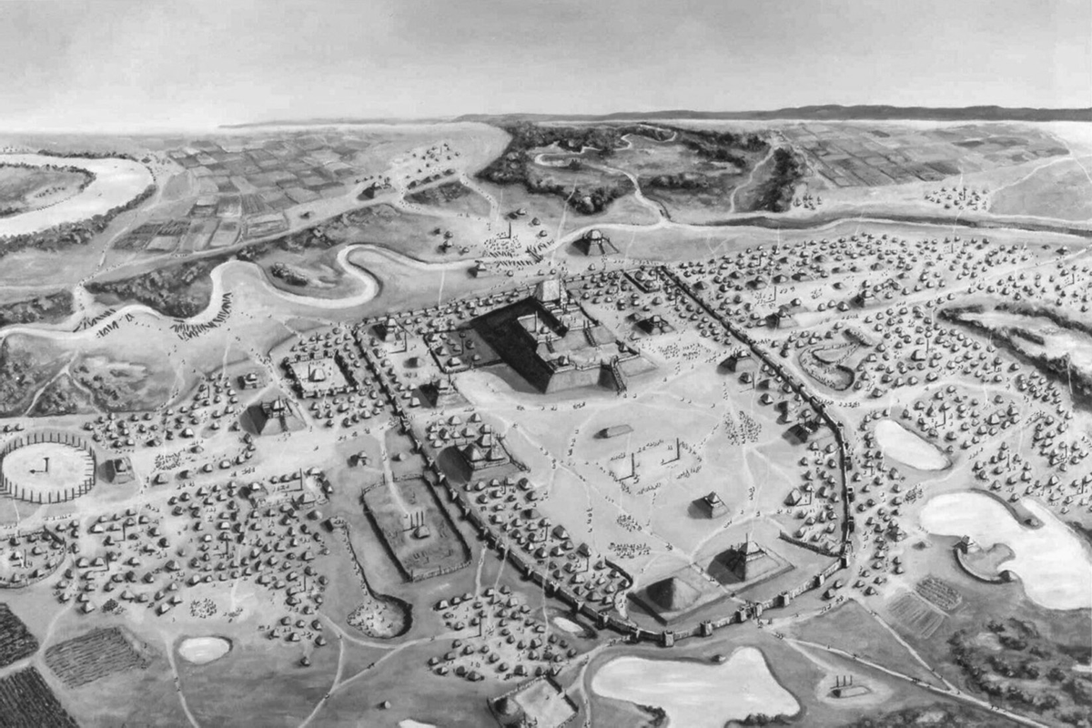 An artistâ€™s rendering of Cahokia reveals a vast urban center with a gigantic Monkâ€™s Mound or temple. The center is surrounded by a stockade fence and includes smaller dwellings made of wattle and daub scattered throughout. The image captures Cahokia at its height when its population outpaced cities like London during the same time period.