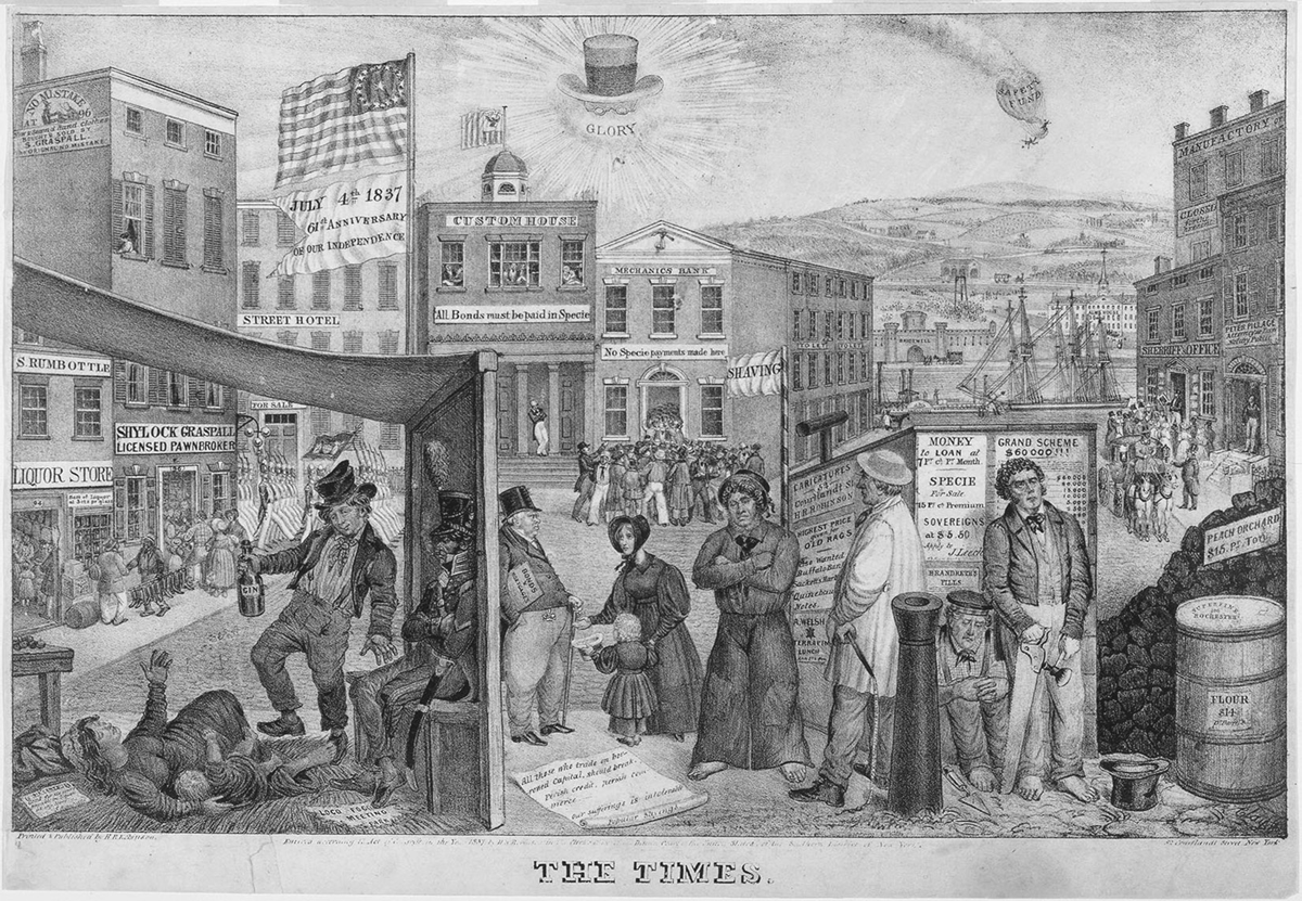 In this 1837 lithograph by Edward W. Clay, The Times, Andrew Jackson is sarcastically represented as the sun with top hat, spectacle, and a banner of â€œGloryâ€ around him. The destitute people in the foreground (representing the common man) are suffering while a prosperous attorney rides in an elegant carriage in the background (right side of frame).