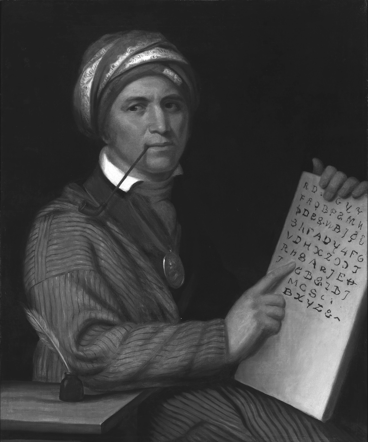 A circa 1830 oil portrait by Henry Inman of Sequoyah, the Cherokee scholar who produced the Cherokee syllabary. He has a pipe in his mouth, and he is wearing a head covering and a medallion while holding and pointing to the syllabary.