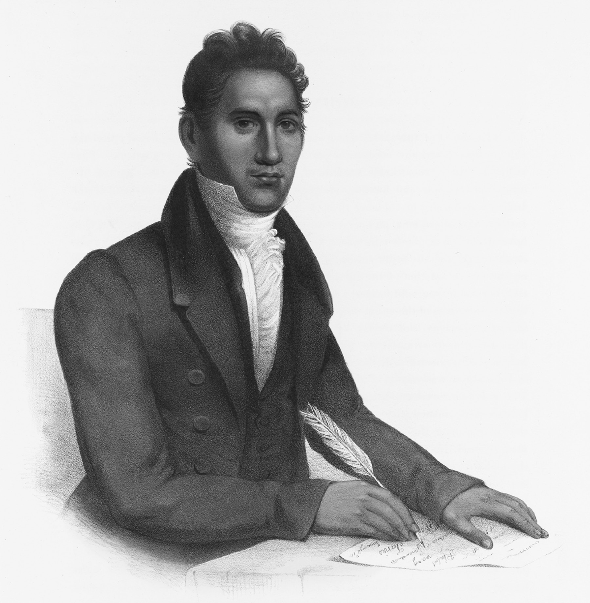 An 1842 lithograph by J. T. Bowen of John Ridge, the Cherokee signer of the Treaty of New Ochoa, which contributed to the dispossession and forced removal of the Cherokee. He wears a dark coat with a high collar and a white neckcloth, seated and writing with a quill pen.
