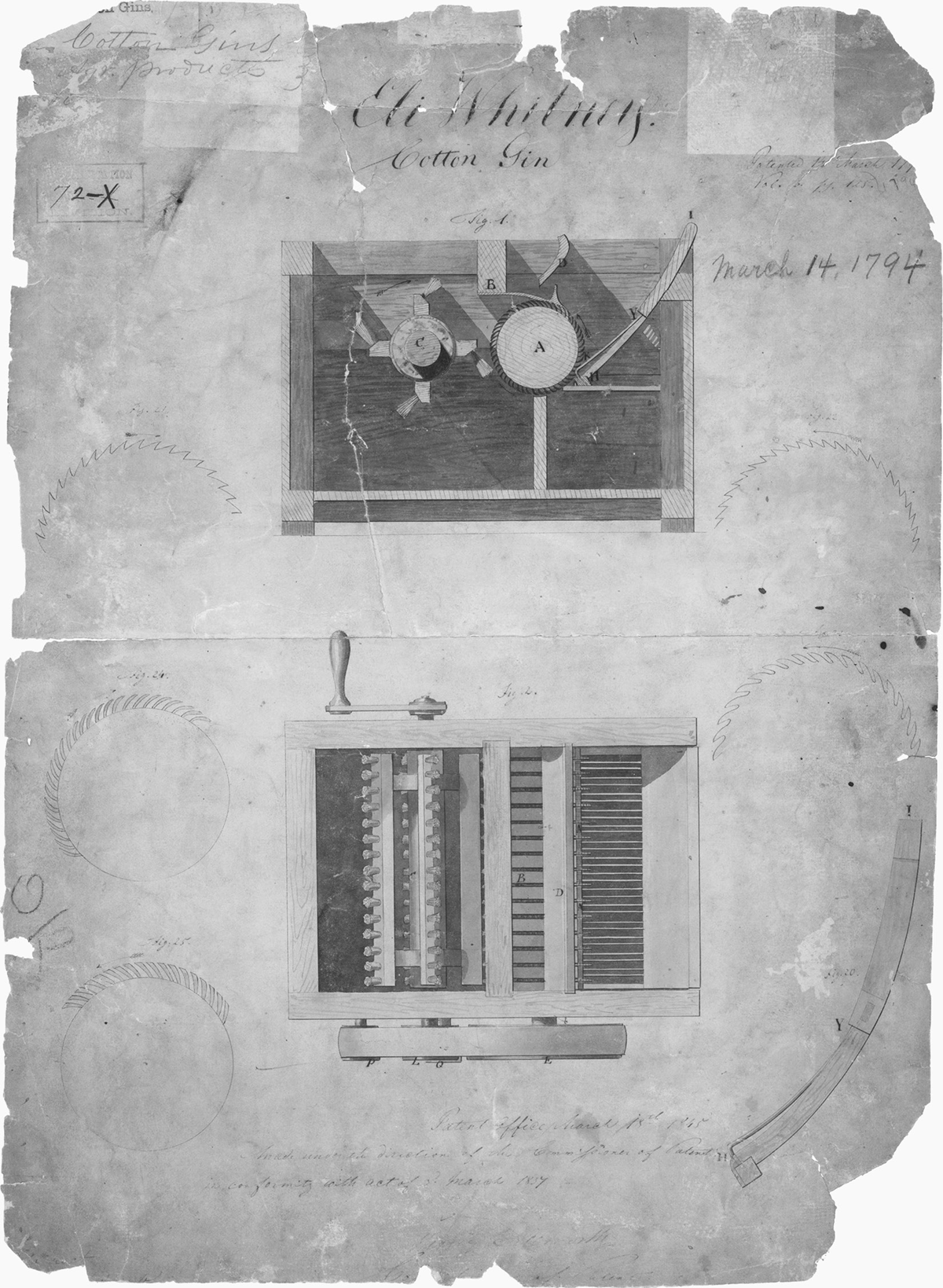 This is an illustration of Eli Whitneyâ€™s cotton gin in his patent.