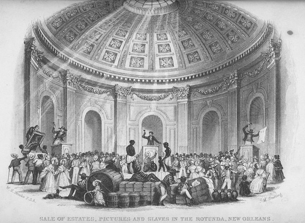The scene for this 1842 engraving by J. M. Starling, Sale of Estates, Pictures and Slaves in the Rotunda, New Orleans, is the Rotunda of the St. Louis Hotel in New Orleans, an infamous site for the selling of enslaved laborers. The artwork depicts an estate sale. There are three auctioneer stands in the room surrounded by hundreds of formally dressed white men and women. The auctioneer on the left side of the artwork is auctioning off a framed portrait. The auctioneer on the right side of the artwork is auctioning off a written document. The auctioneer in the center of the artwork is auctioning off a group of enslaved laborersâ€”a man, a woman, and two children.