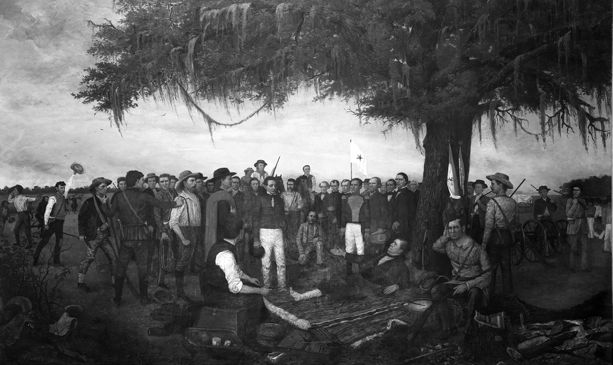This 1886 painting by William Henry Huddle depicts Santa Anna surrendering to Sam Houston following the Battle of San Jacinto in 1836. And injured Sam Houston sits on a blanket under a tree with his right leg bandaged. He is extending his hand up toward Santa Anna who is standing over Houston, to accept Santa Annaâ€™s surrender. One of Santa Annaâ€™s officers stands near him. Crowded around these three men is a crowd of Texas soldiers, watching carefully. Raised high behind the line of soldiers is a white flag with a star in the middle, meant to represent Texasâ€™ â€œCome and Take itâ€ flag, a symbol of the Texas Revolution.