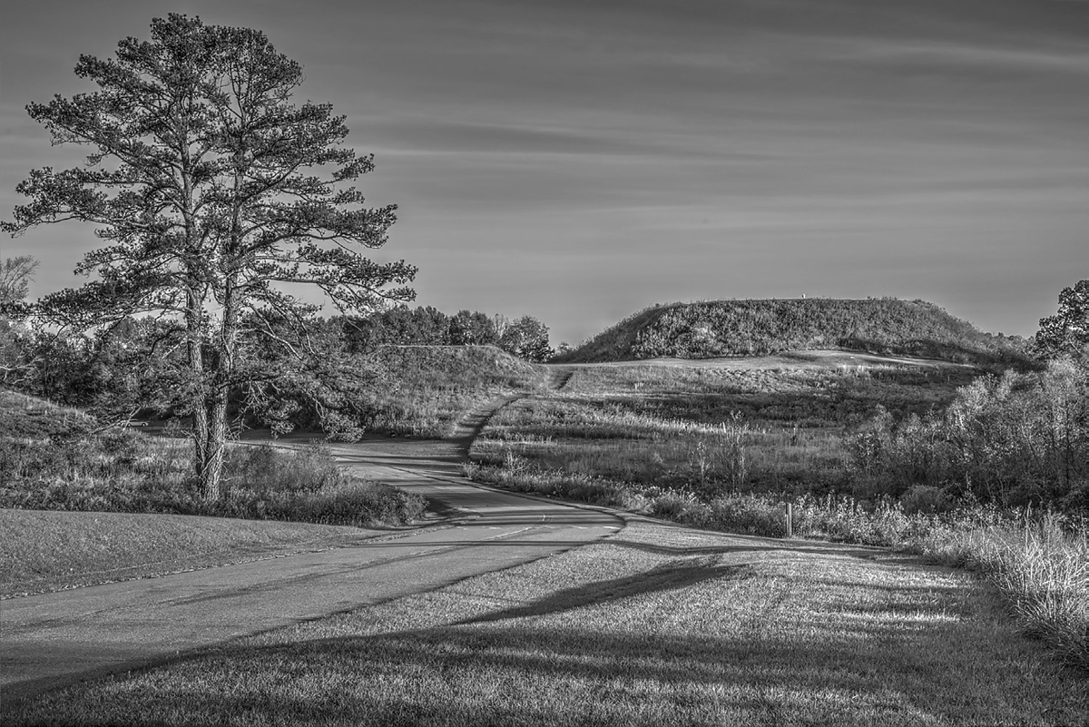 This photograph shows one of the two tallest mounds in the Great Temple Mound Complex at Ocmulgee Mounds National Historical Park, Georgia, which measures fifty five feet in height. The mounds were built in a pyramid shape with flat tops. They were likely home to the chief or second chief during the Mississippian period.