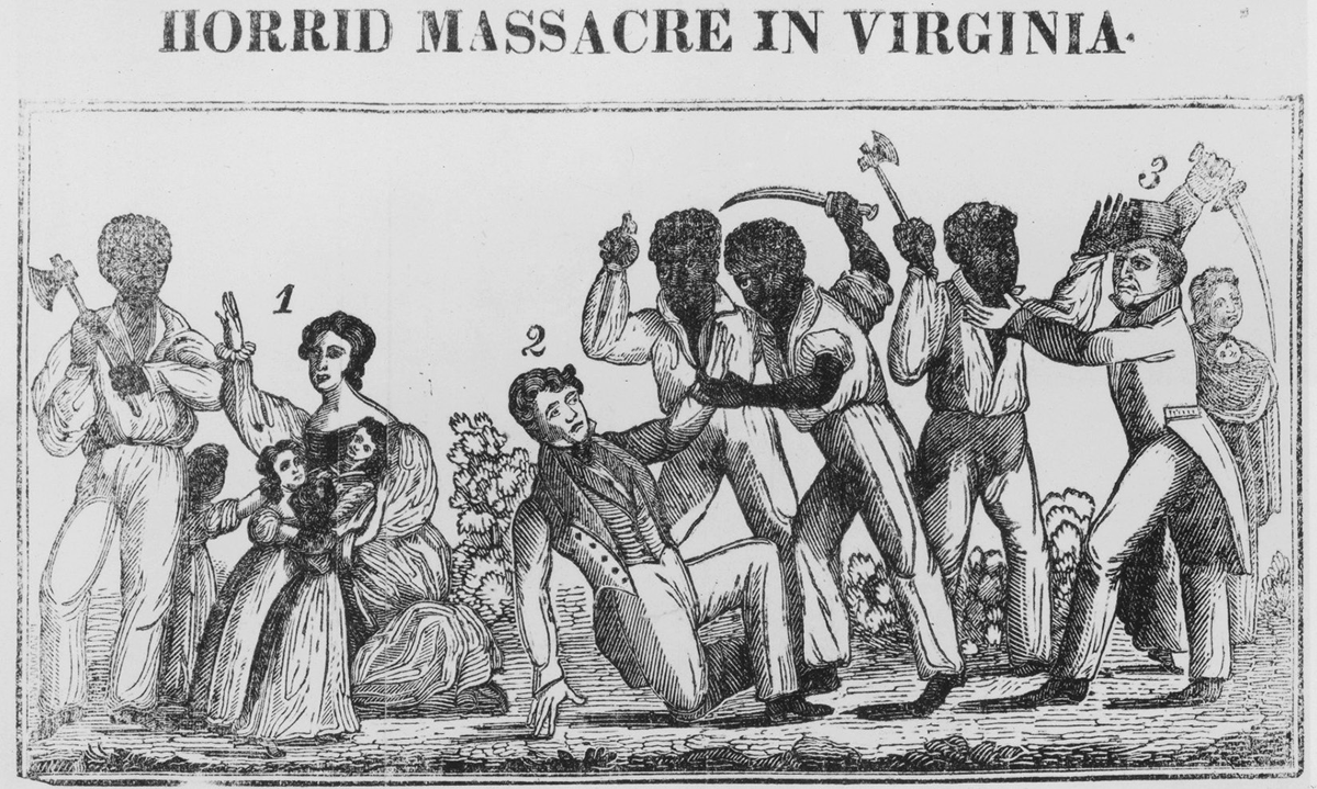 This woodcut depicts the Southampton Rebellion led by Nat Turner. In the scene a white family of slave ownersâ€”husband, wife, and four daughtersâ€”are on the ground pleading for their lives as they are surrounded by three enslaved laborers armed with axes, knives, and swords. On the right side of the scene a white man with a sword is engaged in combat with an enslaved African American with an axe. The top of the woodcutting has text that reads: â€œHorrid massacre in Virginia.â€
