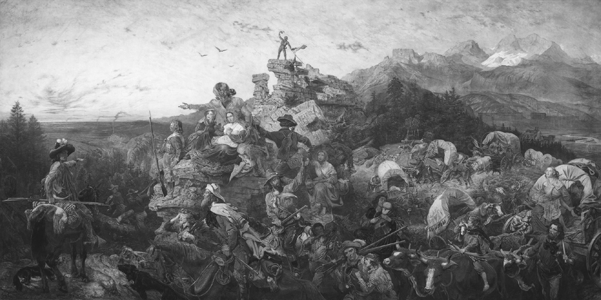 In this 1862 mural by Emanuel Gottlieb Leutze, Westward the Course of Empire Takes Its Way, a caravan of pioneer men and women, mountain guides, covered wagons, and mules are depicted at the continental divide of the Rocky Mountains, looking toward the sunset and the Pacific Ocean. Within the left half of the picture, is a depiction of the entrance to the San Francisco Bay, which is being pointed to by the pilgrim seated atop the rock in the foreground. Within the right half of the painting is a depiction of a valley.