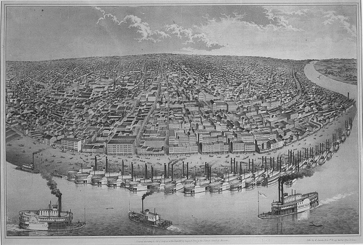 This painting depicts a birds-eye view of the city of St. Louis as it appeared from above the Mississippi River in 1859. The image includes hundreds of buildings heading off into the distance from the harbor in the foreground, which is crowded with steamboats.