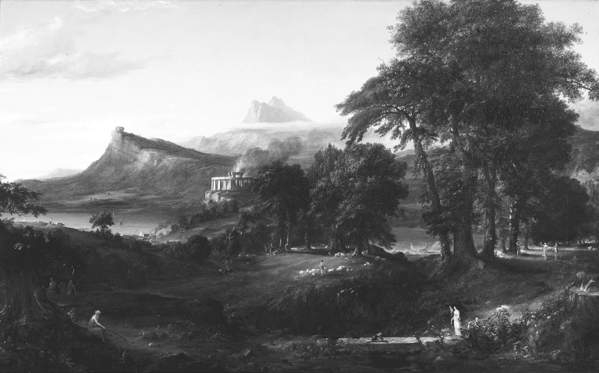 This 1836 oil painting by Thomas Cole, The Arcadian or Pastoral State, depicts cultivated land and agriculture, with plowed fields and lawns visible. Various activities go on in the background: plowing, boat building, herding sheep, dancing; in the foreground, an old man sketches into the dirt with a stick. On a bluff on the near side of the river, a megalithic temple has been built, and smoke arises from it. Below the temple, an emerging village is taking shape along the riverbed. In the far background on the left side of the painting a crag overlooks the river, with a mountain behind it.