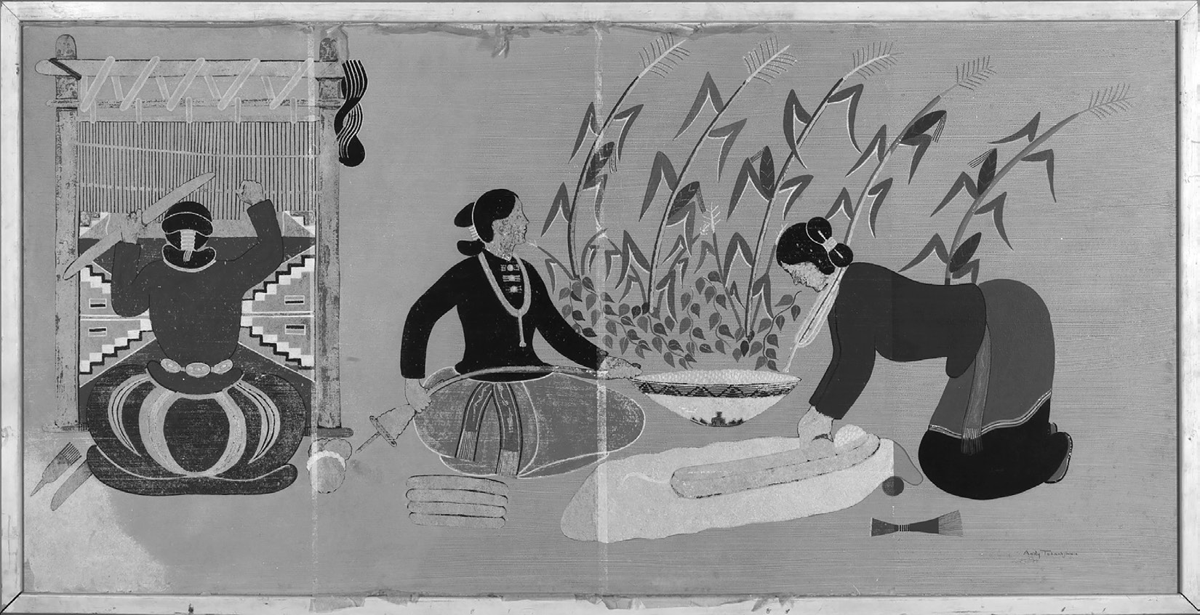This beautiful painting has a golden background color and depicts Navajo women dressed in skirts and colorful tops. One woman is weaving a geometric patterned item on a loom. Another is grinding food, while a thirdâ€™s task is unclear. In the background, corn ripens for harvest. Andy Tsihnahjinnie, Navajo Women, 1934.