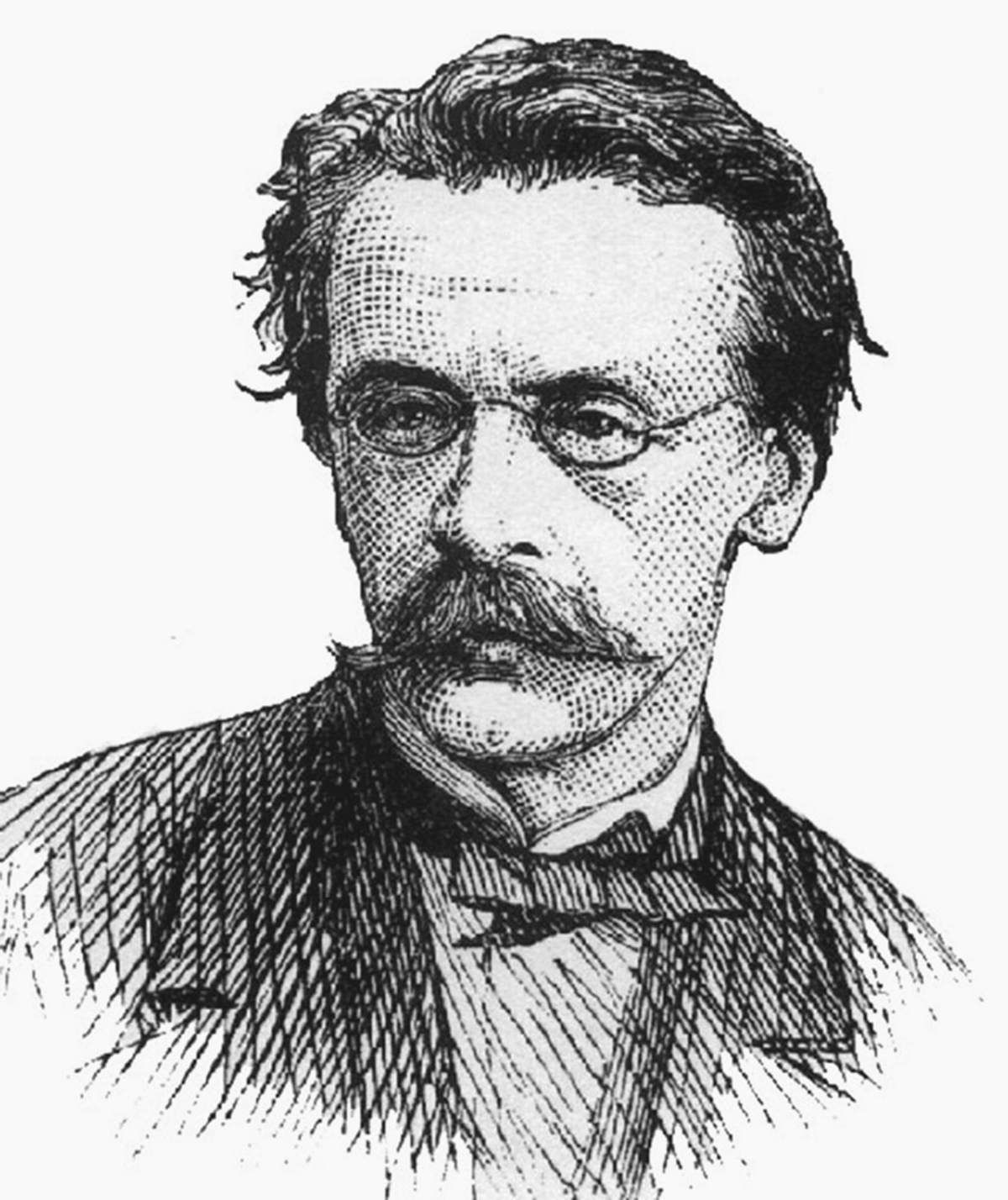 This 1874 engraving is a portrait of John Oâ€™Sullivan. He has slightly unkempt dark hair and a long mustache, and is wearing a coat, bow tie, and small glasses.