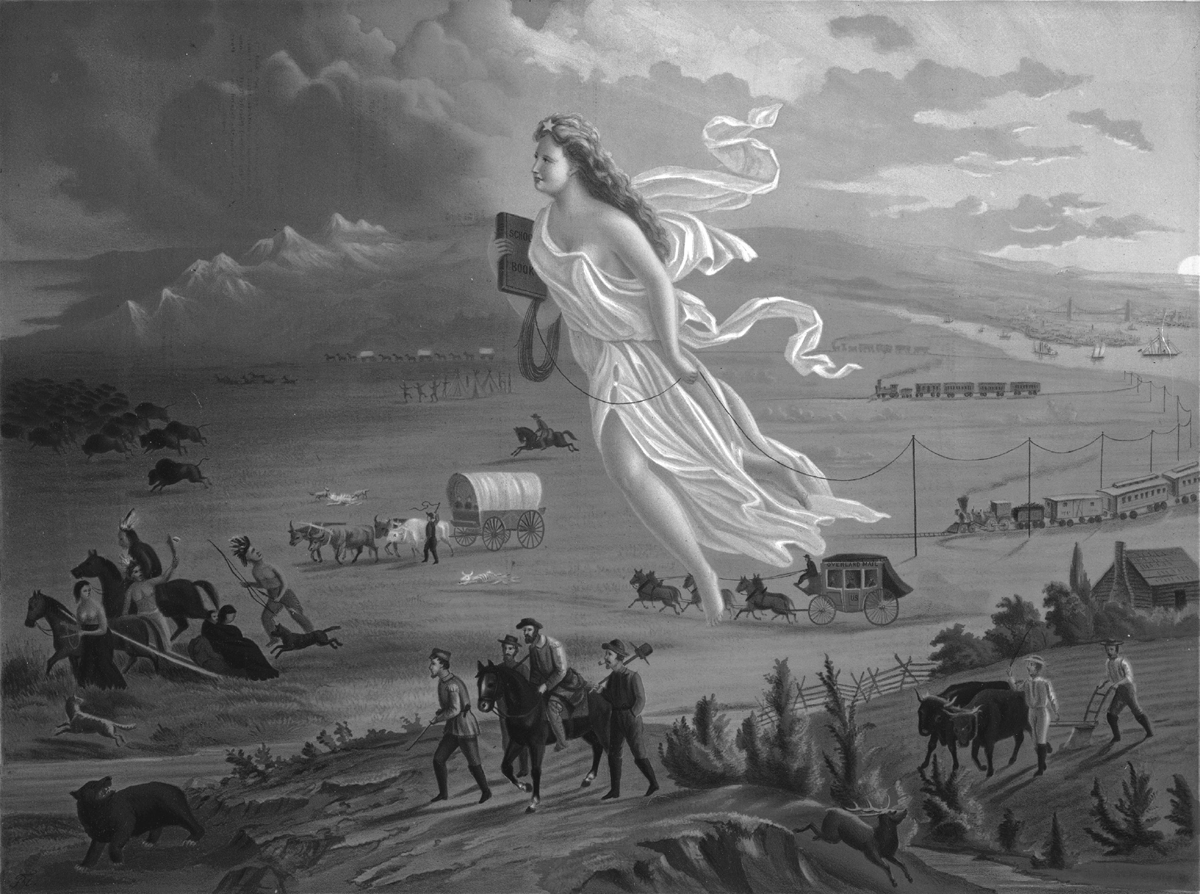 The 1872 painting by John Gast, American Progress, depicts a landscape of North America in the nineteenth century. The right side of the picture portrays locations on the East Coast, which are already settled by Europeans. There, New York City can be seen, along with various ships around the coast of Manhattan. Also illustrated is the Brooklyn Bridge. In the center of the painting is Columbia. On her head is the Star of Empire. She lays a telegraph wire with one hand and carries a school book in the other. Joining Columbia on her journey to the American West are white settlers either on foot or by stagecoach, horseback, Conestoga wagon, wagon train, or riding steam trains. On the left side of the painting a herd of bison and group of Indigenous people can be seen running away. In the foreground a group of white settlers are heading West, where a bear appears to growl at them, while behind them stands an already established farm with a person tilling the fields and another herding livestock.