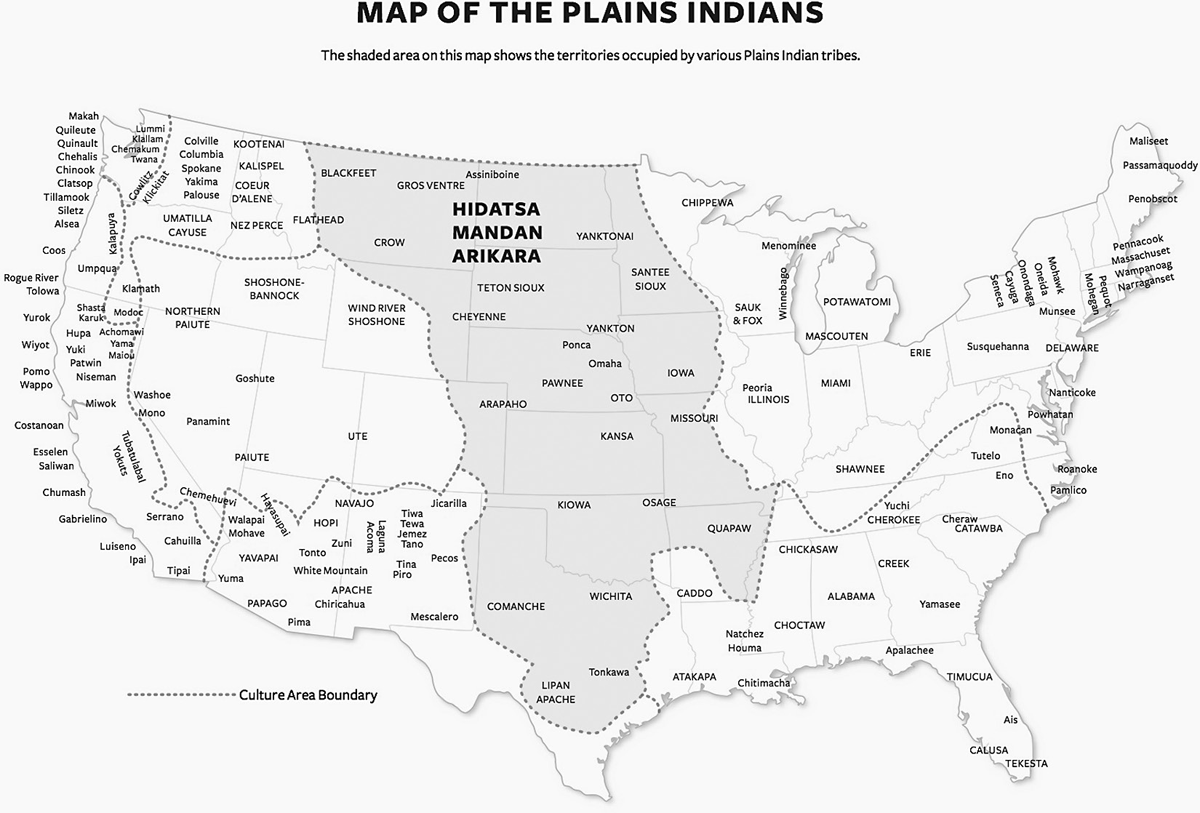 A digitally created educational map titled â€œMap of the Plains Indiansâ€ showing the territorial distribution of various Native American tribes across the Great Plains region of North America. The map displays numerous tribal names including Hidatsa, Mandan, Arikara (prominently featured in the center), along with many others such as Blackfeet, Crow, Cheyenne, Sioux, Apache, Comanche, and Kiowa. The shaded green area indicates the Plains Indian culture area, with dotted lines marking culture area boundaries. The map covers the region from Canada to Texas and from the Rocky Mountains to the Mississippi River area.
