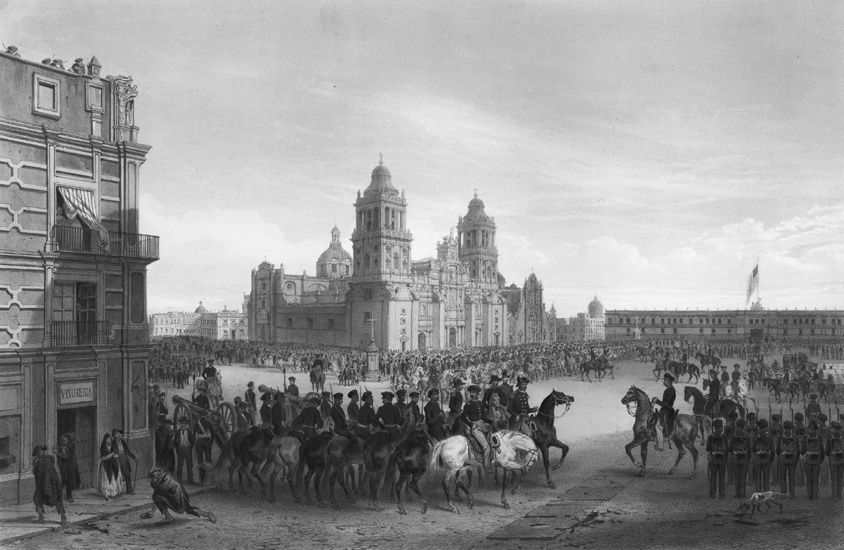 An 1851 lithograph by Carl Nebel, General Scottâ€™s Entrance into Mexico. The image shows a military ceremony in a Mexican plaza. There is a large cathedral with twin bell towers in the background. In the foreground, there are organized formations of uniformed soldiers, cavalry units, and crowds of spectators. The architecture includes colonial-style buildings with balconies.
