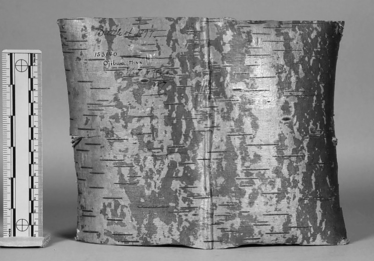 A cylindrical birch bark scroll with the recorded historical account of a battle between the Chippewa and Dakota Indians in 1757 has both lighter and darker shades of brown and intermittent lines.