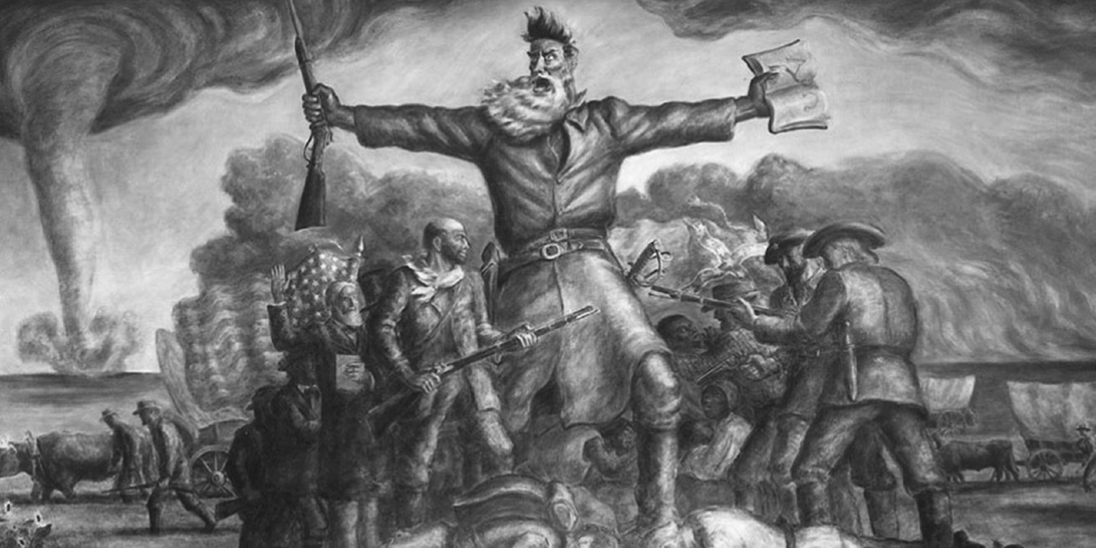 A dramatic mural in the Kansas State Capitol from the late 1930s by John Steuart Curry, Tragic Prelude, depicts John Brown. He is large and muscular in frontier clothing with arms outstretched, holding a rifle in one hand and papers in the other. Around him are various figures representing both proslavery and antislavery settlers. The scene includes American flags and a stormy sky.