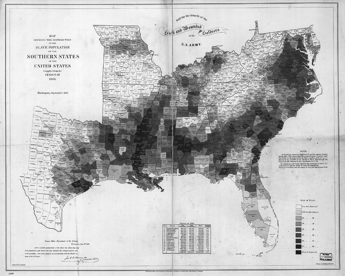 A historical map from 1861 that uses varying shades of gray to black to represent the density of enslaved populations across counties in the Southern United States, with darker shading indicating higher concentrations of enslaved people. A statistical table appears at the bottom center, and thereâ€™s a note explaining the data compilation. The highest percentages lie along the Mississippi River, in the â€œBlack Beltâ€ of Alabama, and coastal South Carolina, all of which were centers of agricultural production (cotton and rice) in the United States.
