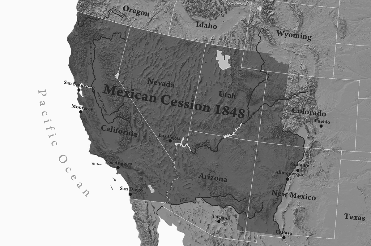 A modern topographical map showing the territory acquired by the United States following the Mexican-American War. The shaded reddish-brown area covers present-day California, Nevada, Utah, Arizona, and parts of Colorado, Wyoming, and New Mexico. The shaded area is labeled Mexican Cession 1848.