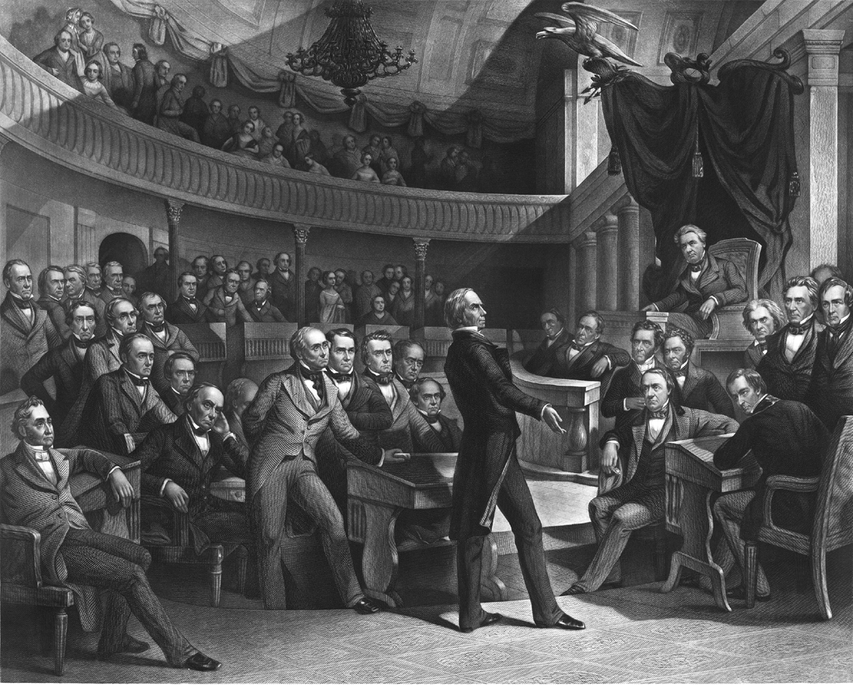 Henry Clay (â€œThe Great Compromiserâ€) addresses the U.S. Senate during the debates over the Compromise of 1850. The circa 1855 print by P. F. Rothermel, The United States Senate, A.D. 1850, shows a number of incendiary personalities, such as John C. Calhoun, whose increasingly sectional beliefs were pacified for a time by the Compromise. The scene shows a crowded legislative hall with ornate neoclassical architecture, including columns, draped decorations, and a curved gallery filled with spectators. Clay stands at a podium addressing the assembled senators, who are seated at their desks wearing frock coats and formal attire.