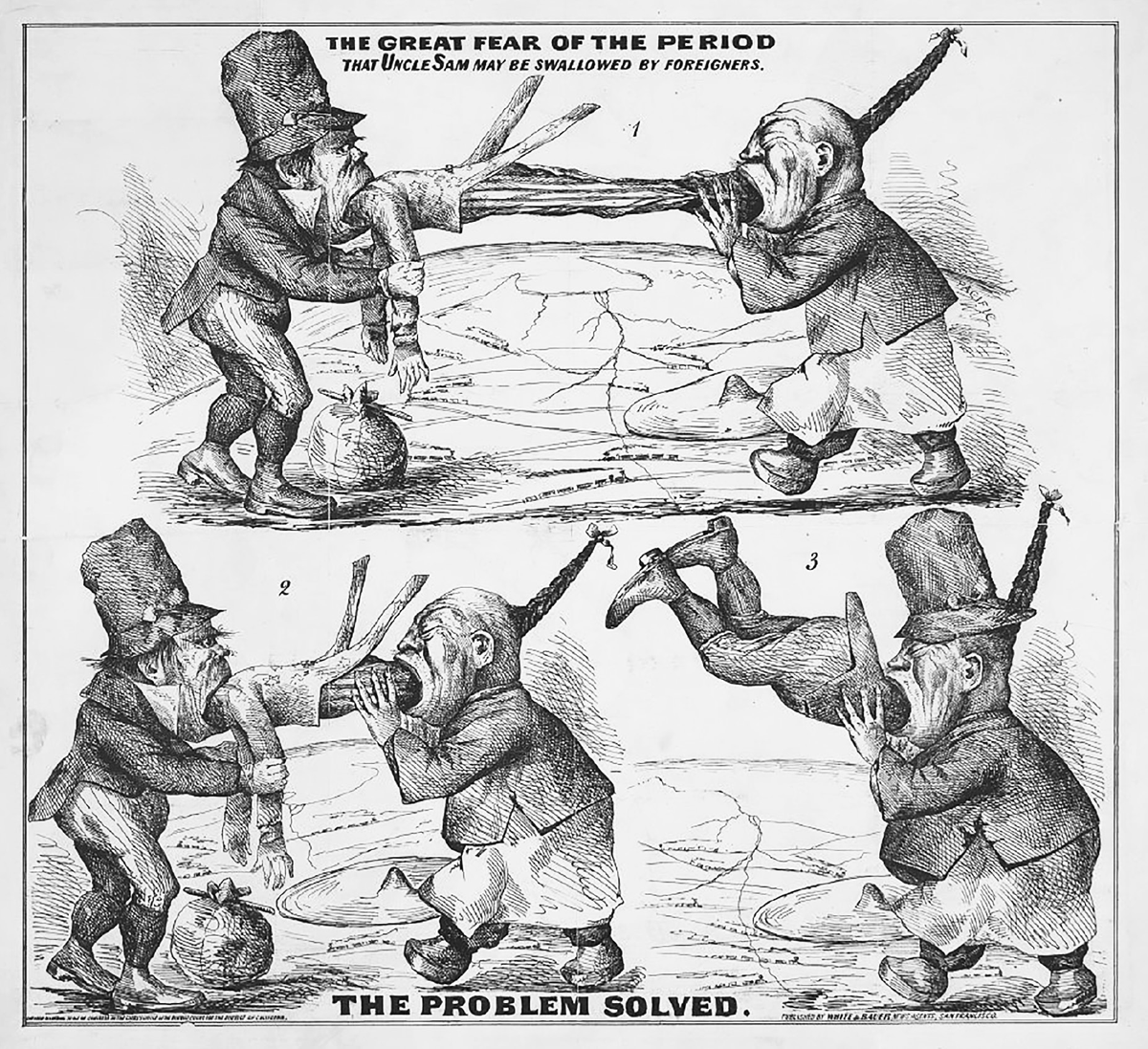 This circa 1860â€“1869 cartoon, The Great Fear of the Period That Uncle Sam May Be Swallowed by Foreigners: The Problem Solved, depicts a highly racialized image of a Chinese immigrant and Irish immigrant â€œswallowingâ€ the United States in the form of Uncle Sam. Networks of railroads and the promise of American expansion can be seen in the background.