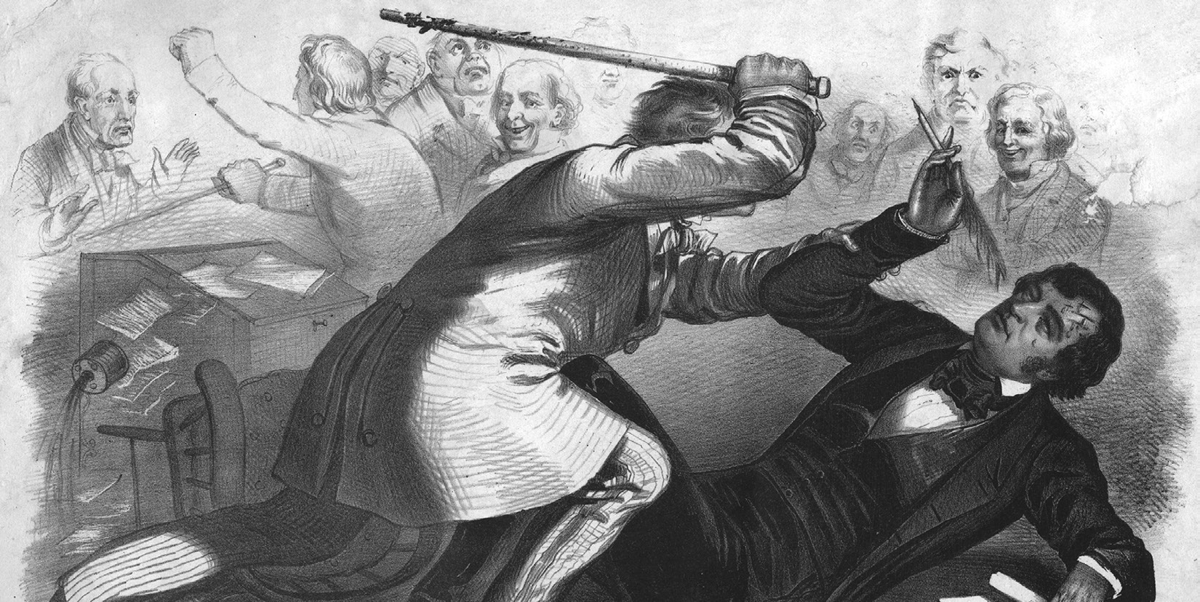 The Caning of Charles Sumner, 1856. Wikimedia. This 1856 political cartoon titled Southern Chivalryâ€”Argument versus Clubâ€™s shows a violent scene where a Preston Brooks, a large man with a cane, attacks a fallen Charles Sumner while onlookers watch from the background, some horrified and some smiling. Sumner is depicted with a wound to his forehead.