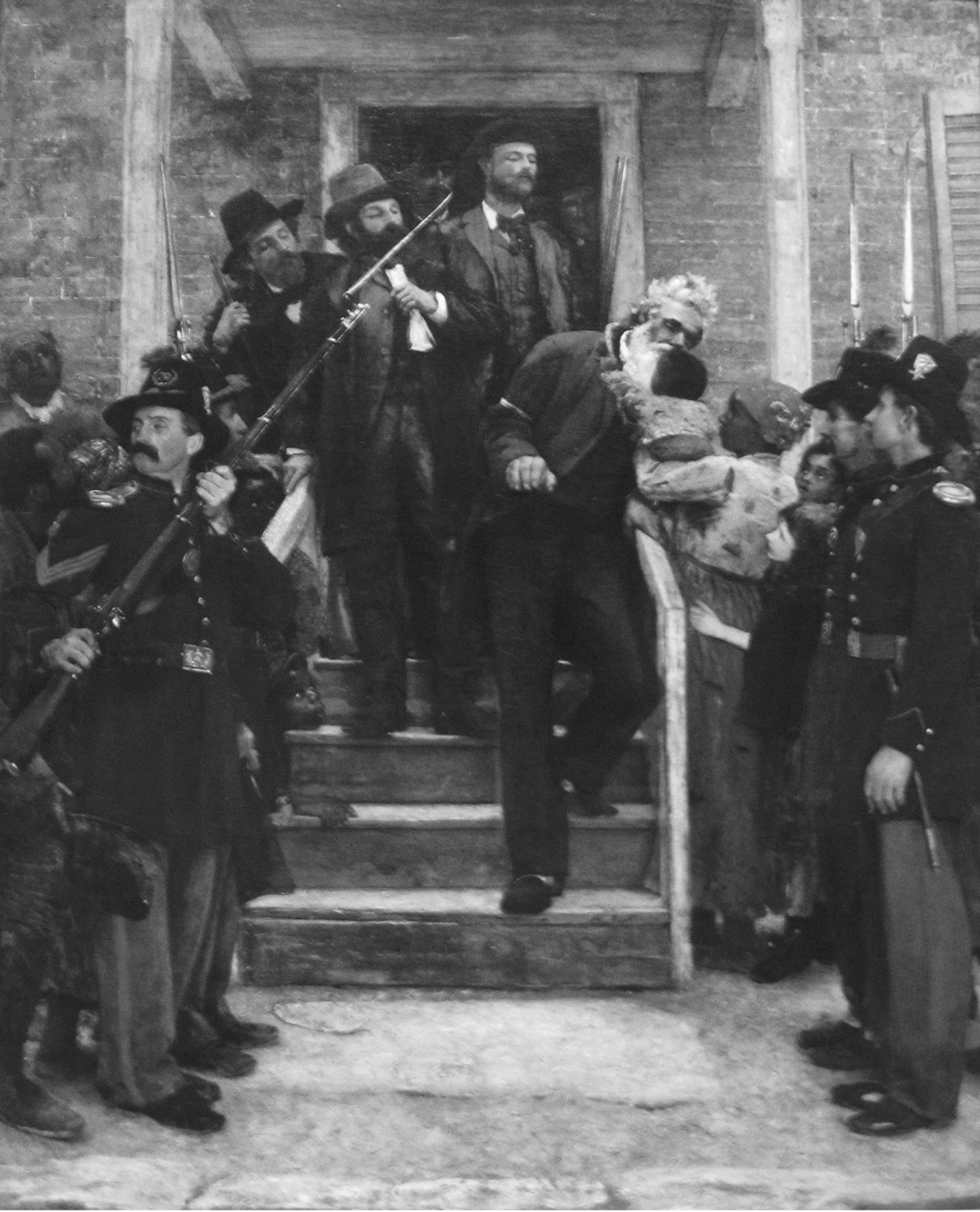 Over two decades after John Brownâ€™s death, Thomas Hovenden painted him as a saint being led to his execution in The Last Moments of John Brown. As he is led down a short set of steps leading from a building, surrounded by mean wearing uniforms and carrying rifles, Brown poignantly leans over a rail to kiss a Black baby being held up to him by a woman to the right of the steps.