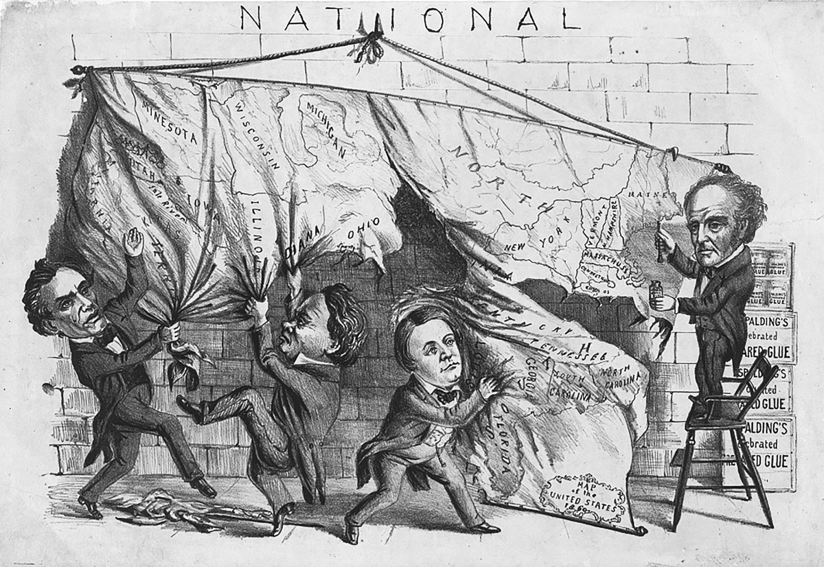 This 1860 political cartoon, Dividing the National Map, depicts the four candidates in the 1860 presidential election tearing apart a map of the United States. The word â€œNationalâ€ is written in all caps above the map.