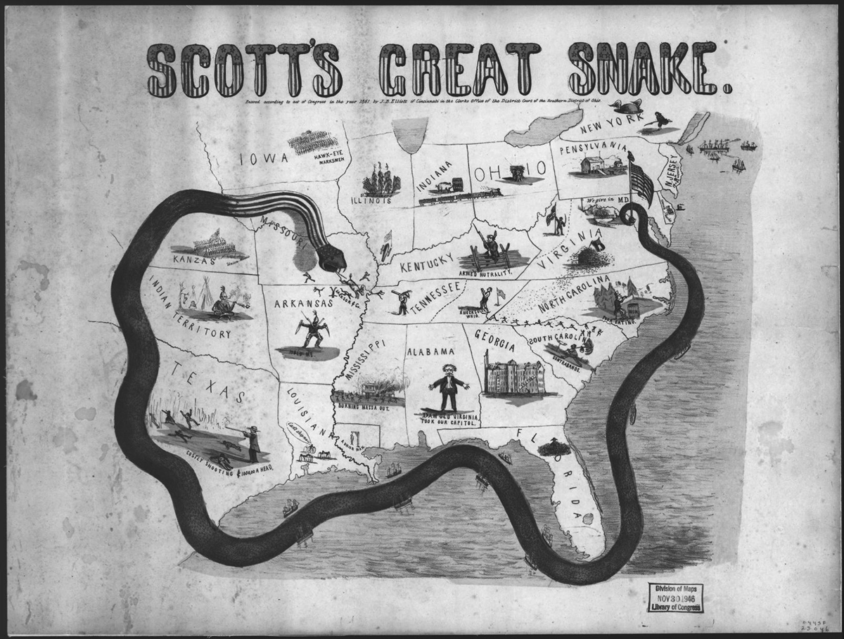 This 1861 illustration by J. B. Elliott, Scottâ€™s Great Snake, depicts the Southeastern United States surrounded on three sides by a snake. The tail is wrapped around Washington, DC, while the body bends along the coast of the United States and then up the Mississippi River. While poorly drawn, the cartoon does a great job of making clear the Unionâ€™s plan.