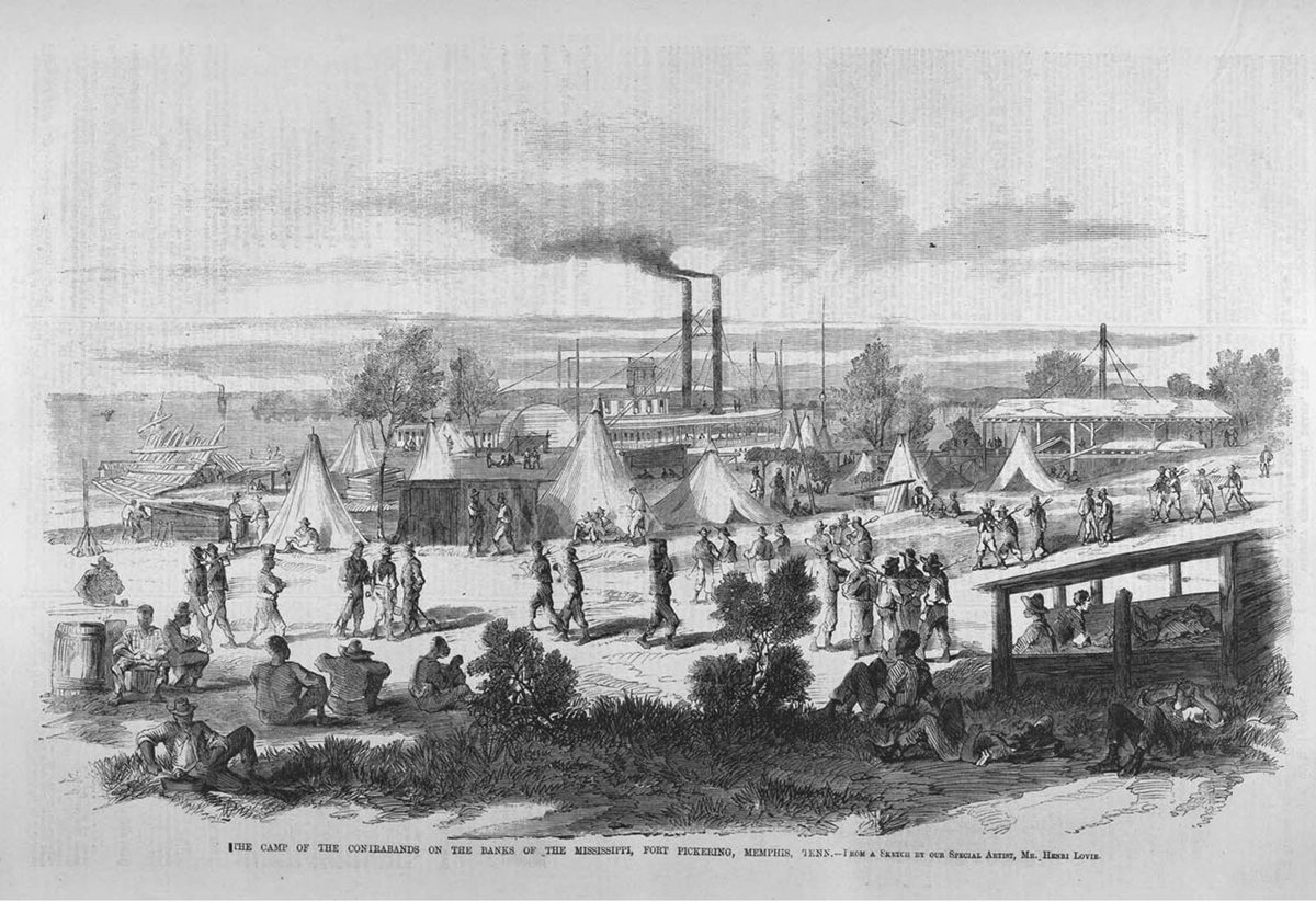 An 1862 illustration of a Contraband camp, including several shack like-structures and what appear to be teepee-shaped tents. People are sitting, standing, and walking throughout the scene. In the background is a steamboat on the Mississippi River with steam rising from its stacks.