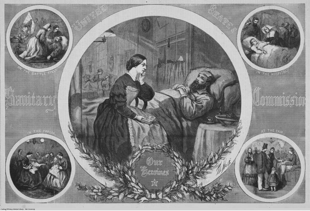 This 1864 illustration by Thomas Nast, Our Heroines, United States Sanitary Commission, depicts five scenes of women participating in the Union war effort. Three show women tending to men in bed. One shows women sewing and another women attending a fair to raise funds for the war. The words â€œSanitary Commissionâ€ are at the side and â€œOur Heroinesâ€ is in a cutout framed by a laurel.