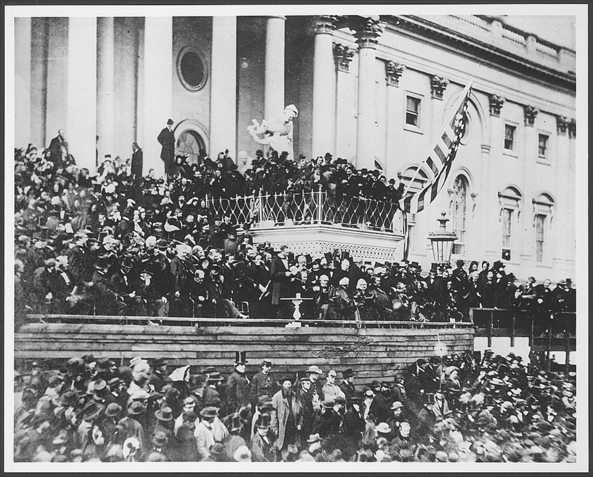 Photograph by Alexander Gardner of a vast crowd in front of the US Capitol who attended President Lincolnâ€™s second inaugural address on March 4, 1865.