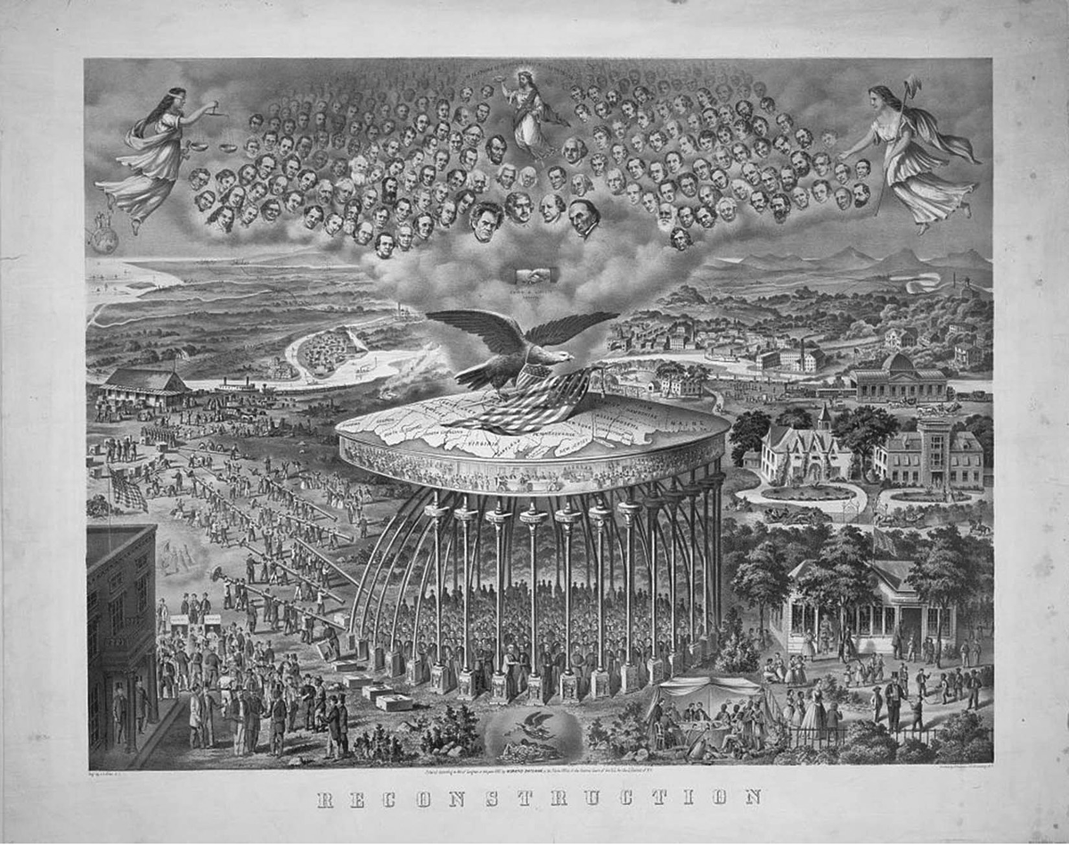 In this 1867 engraving by John Giles Lawrence, Reconstruction, an eagle stands on a round table supported by columns labeled with states; faces float above, and people gather below in a scene labeled â€œReconstruction.â€ A banner streams near the top reading â€œAll men are born free and equal.â€