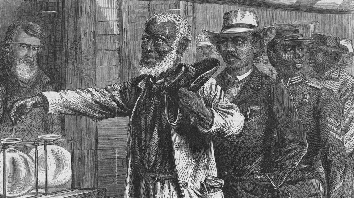 In this detail of a Harperâ€™s Weekly print from November 1867, Black men of various occupations wait patiently for their turn as the first voter submits his ballot. Unlike other contemporary images that depicted African Americans as ignorant, unkempt, and lazy, this print shows these Black men as active citizens. Three years after the publication of this print, the Fifteenth Amendment protected the right of Black Americans to vote.