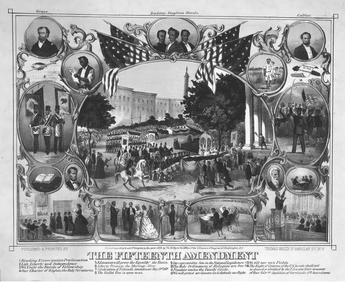 This 1870 print by Thomas Kelly, The 15th Amendment. Celebrated May 19th 1870, depicts a huge parade held in Baltimore, Maryland, on May 19, 1870, surrounded by portraits of abolitionists and scenes of African Americans exercising their rights.
