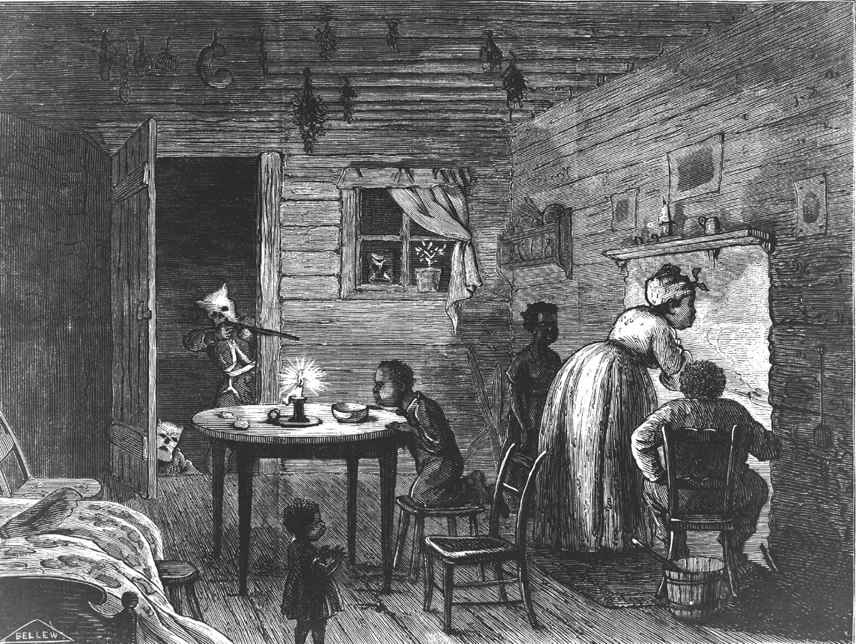 This 1872 illustration by Frank Bellew, Visit of the Ku-Klux, shows three masked men peering into a Black home. One of the masked men has a rifle pointed at the back of a woman tending the stove. Three children appear as well as a man seated, also with his back to the door.