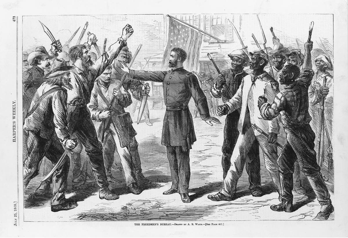 In this 1868 Harperâ€™s Weekly illustration by Alfred R. Waud, a white Freedmenâ€™s Bureau official in the center is protecting the Black men and women at right from the angry and riotous mob of white Americans at left. Both sides are armed and gesturing angrily, while the official in a military uniform holds a hand up to forestall those at left and his other hand in a quieting gesture at right. An American flag hangs behind him.