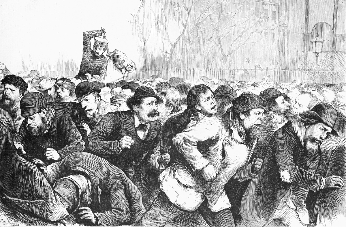 An 1874 illustration titled The Red Flag in New Yorkâ€”Riotous Communist Workingmen Driven from Tompkins Square by the Mounted Police, Tuesday, January 13th depicts a police officer on a horse beating a frantic crowd of laboring protesters who try to flee.