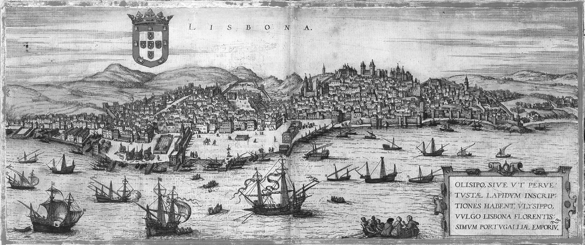An engraving of sixteenth-century Lisbon from Civitatis Orbis Terrarum, â€œThe Cities of the World.â€ In the background are rolling hills. The center of the image is covered with red-roofed homes and in the foreground the dock and water are full of ships and fishing boats.
