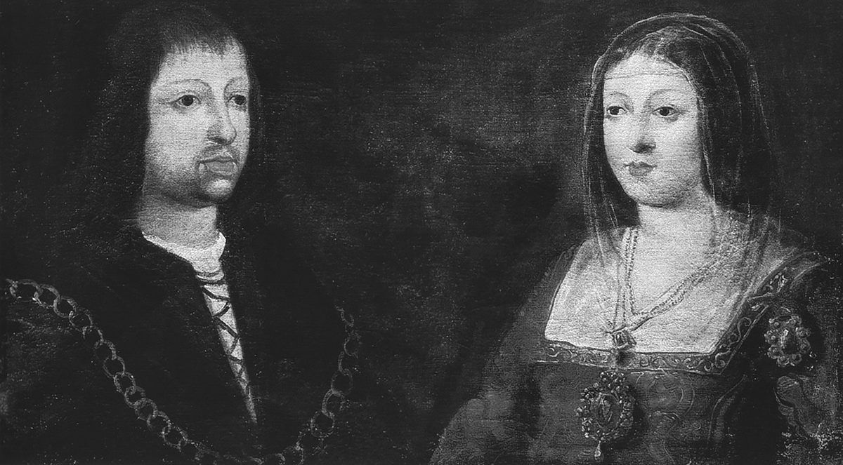 Wedding portrait of King Ferdinand of Aragon and Queen Isabella of Castile, fifteenth century. Ferdinand wears black robes and a livery collar of gold chain. His undershirt is of a beige color. Isabellaâ€™s gown is red and has a square neckline. The neckline and sleeves are embellished with gold embroidery. She wears a large pendant and translucent veil.