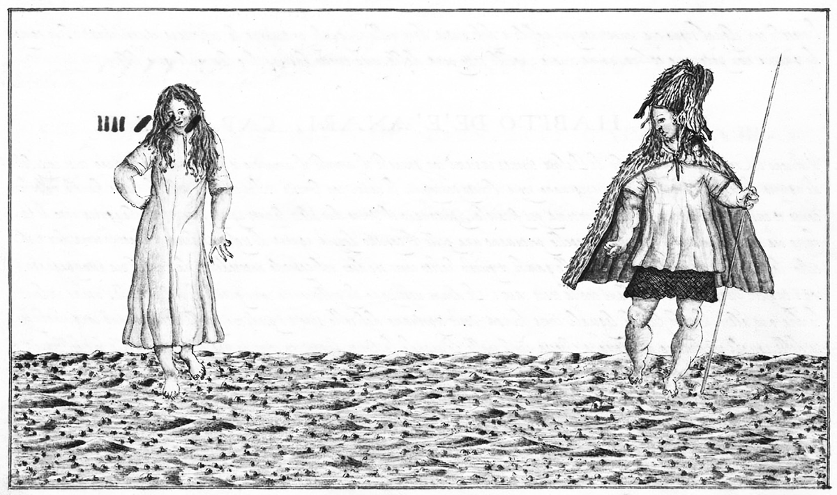 A sixteenth-century illustration of Indigenous inhabitants of the Canary Islands referred to as Guanches. The young woman is wearing a simple short shift to her knees and the man is wearing a mid-thigh-length skirt, smock, and fur robe. He carries a fishing spear. Both inhabitants are standing on a beach. Leonardo Torriani, Canarios, 1590.